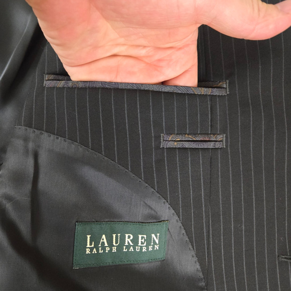 Y2K Lauren Ralph Lauren Black Pinstripe Single Breasted Wool Suit Jacket Size 48 - Picture 12 of 16